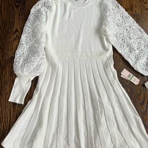 Nanette Lepore White Sweater Dress with Lace Sleeves